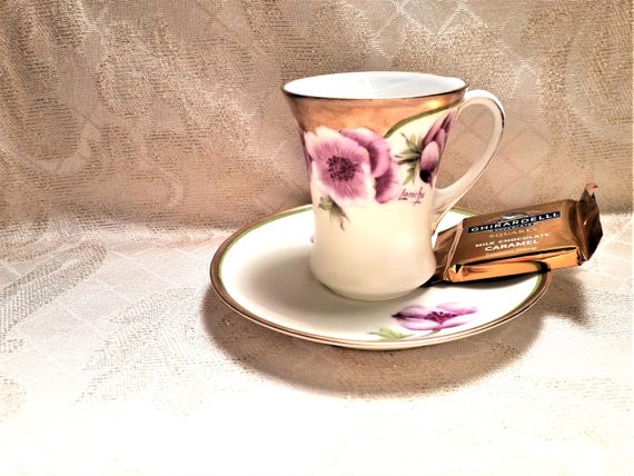 Demittase Cup And Saucer PT Bavaria Tirschenreuth Factory Bone China  1927 Handpainted by LaRoche So Pretty Always FREE Domestic SHIPPING