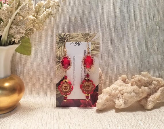 Earrings Beautiful Handcrafted Elegant Design By Carmelcollectibles.com Red Crystal And Czech Floral Always FREE Domestic SHIPPING