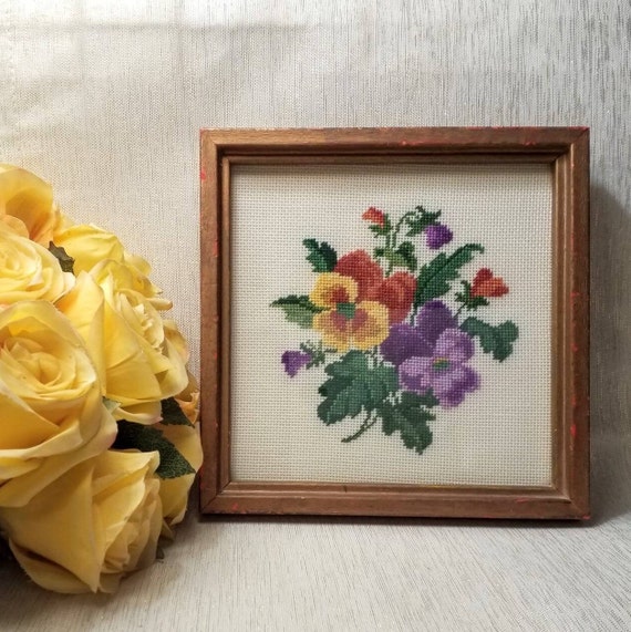 Violets And Foliage Picture Beautiful Handcrafted Counted Cross Stitch On Ivory Fabric Vintage Art Framed With Glass FREE Domestic SHIPPING