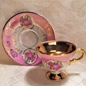 Demitasse Cup And Saucer Courting Pattern Pink And Extra Gold Trim Royal Crown Porcelain Beautiful Lusterware Always FREE Domestic SHIPPING