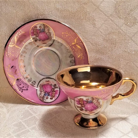 Demitasse Cup And Saucer Courting Pattern Pink And Extra Gold Trim Royal Crown Porcelain Beautiful Lusterware Always FREE Domestic SHIPPING