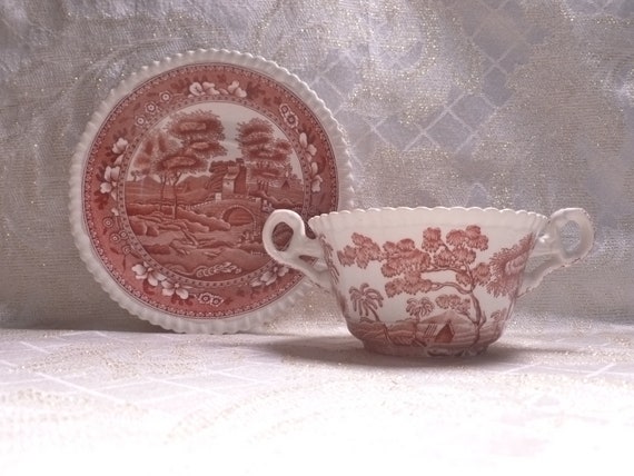 Spode Copeland Red And White Fine China Spodes Tower Pattern Cream Soup Cup Double Handles And Matching Saucer Gadroon Border Red Hallmark