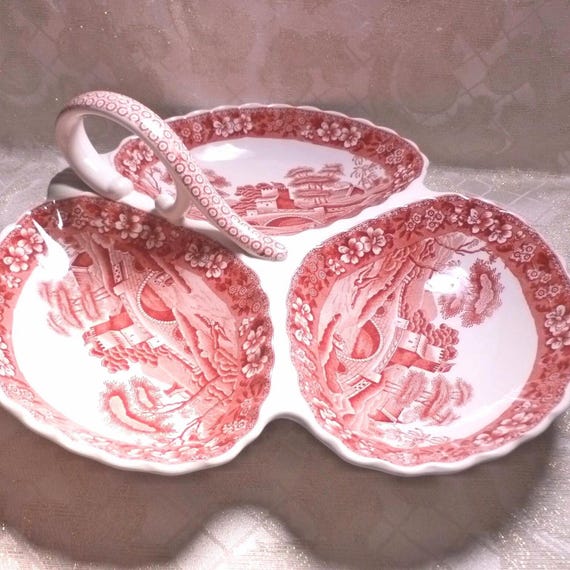 Spode's Tower Copeland 1920s Red And White Made In England Beautiful 3 Compartment Serving Dish With Handle Always FREE Domestic SHIPPING