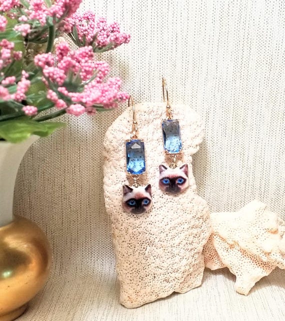 Earrings Handcrafted Artisan Beautiful Design Adorable Siamease Kitten With Elegant Blue Crystal Connectors Always FREE Domestic SHIPPING