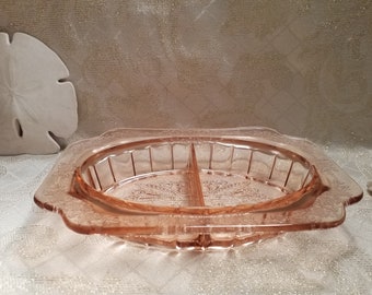 Vintage Pink Glass Divided Relish Dish Pretty Etched Style Elegant Display For Weddings Or Special Occasions Always FREE Domestic SHIPPING