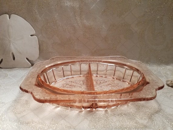 Vintage Pink Glass Divided Relish Dish Pretty Etched Style Elegant Display For Weddings Or Special Occasions Always FREE Domestic SHIPPING