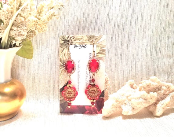 Earrings Beautiful Handcrafted Elegant Design By Carmelcollectibles.com Red Crystal And Czech Floral Always FREE Domestic SHIPPING