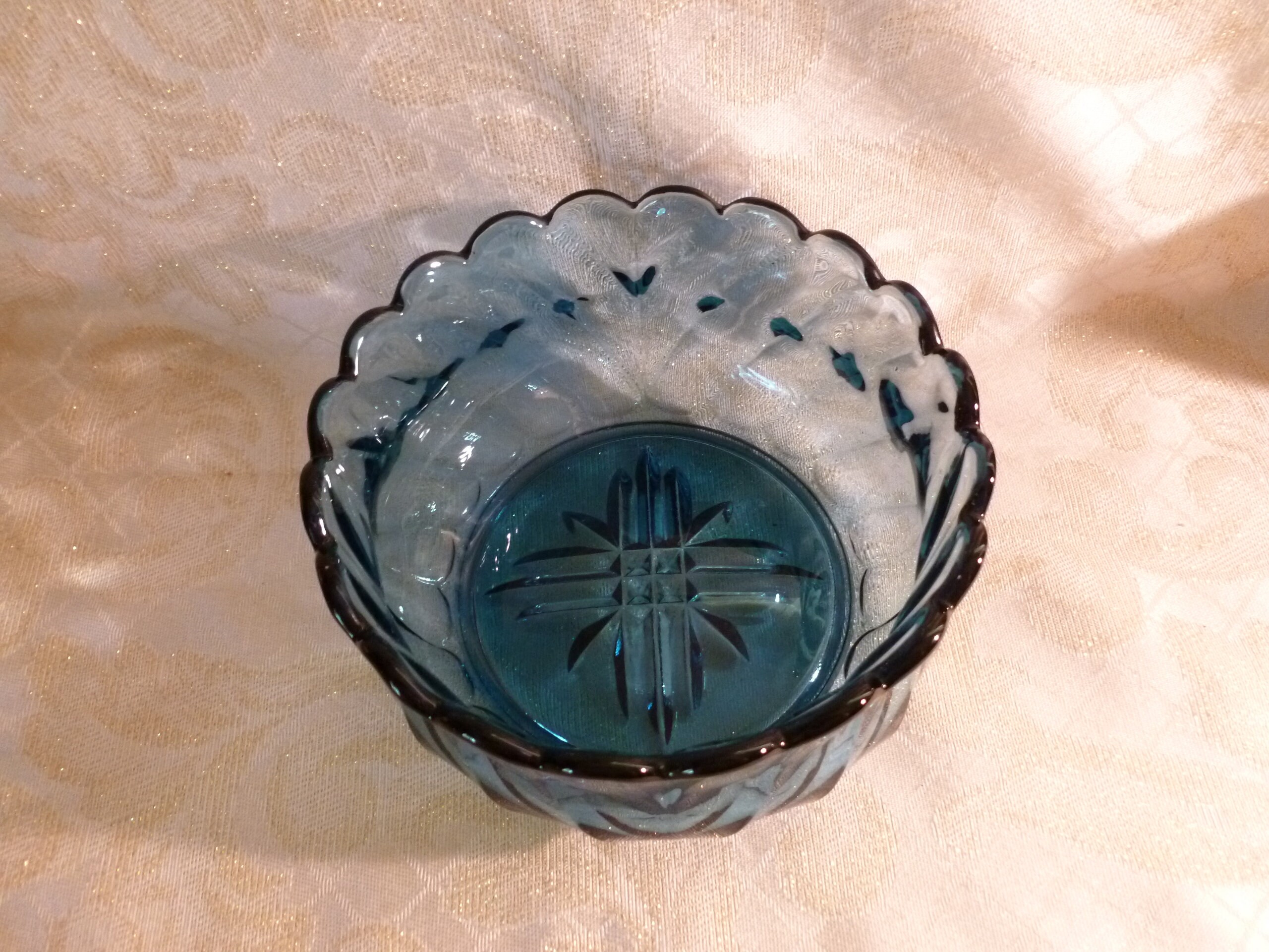 Blue Glass Serving Bowl With Scalloped Edge Intricate Design On Bottom
