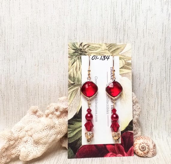 Earrings By Carmel Collectibles Handcrafted Beautiful Red Crystals With Red Glass Pearls Gold Plated  Always FREE Domestic SHIPPING