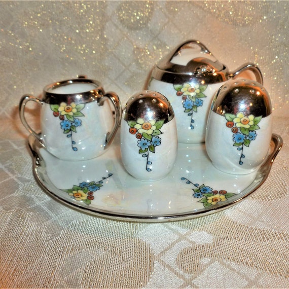 Condiment Set With Tray In White Lusterware Floral Design A Very Pretty 7 Piece Set With  FREE Domestic SHIPPING