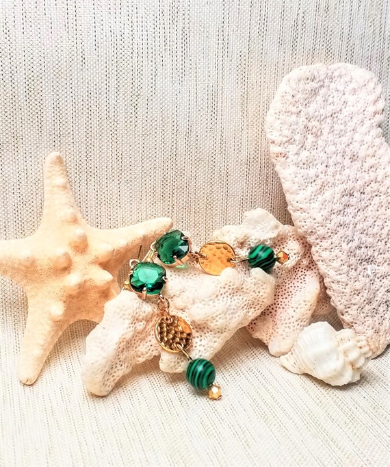 Handcrafted Artisan Earrings Beautiful Emerald Green Color Crystal With Malachite Beads Gold Plated Ear Wires Always FREE Domestic Shipping