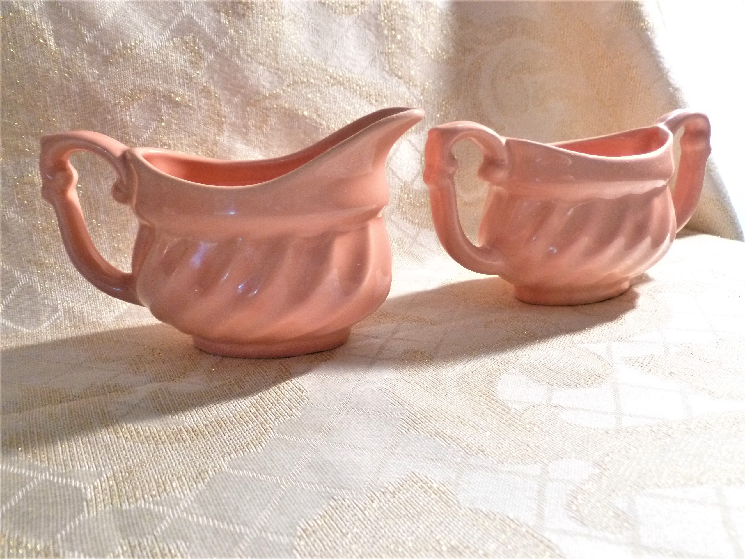 Pretty In Pink Creamer And Sugar Bowl Vintage USA Pottery Lovely