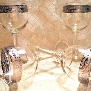 Vintage Wine Glasses 6 Ounce Size Exceptional Silver Band With Light Blue Details Perfect For Weddings Always FREE Domestic SHIPPING