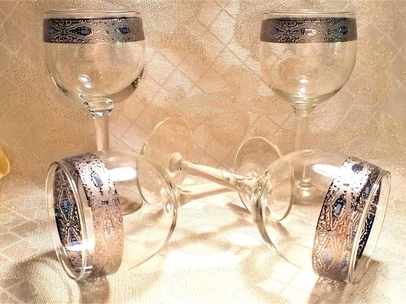 Vintage Wine Glasses 6 Ounce Size Exceptional Silver Band With Light Blue Details Perfect For Weddings Always FREE Domestic SHIPPING