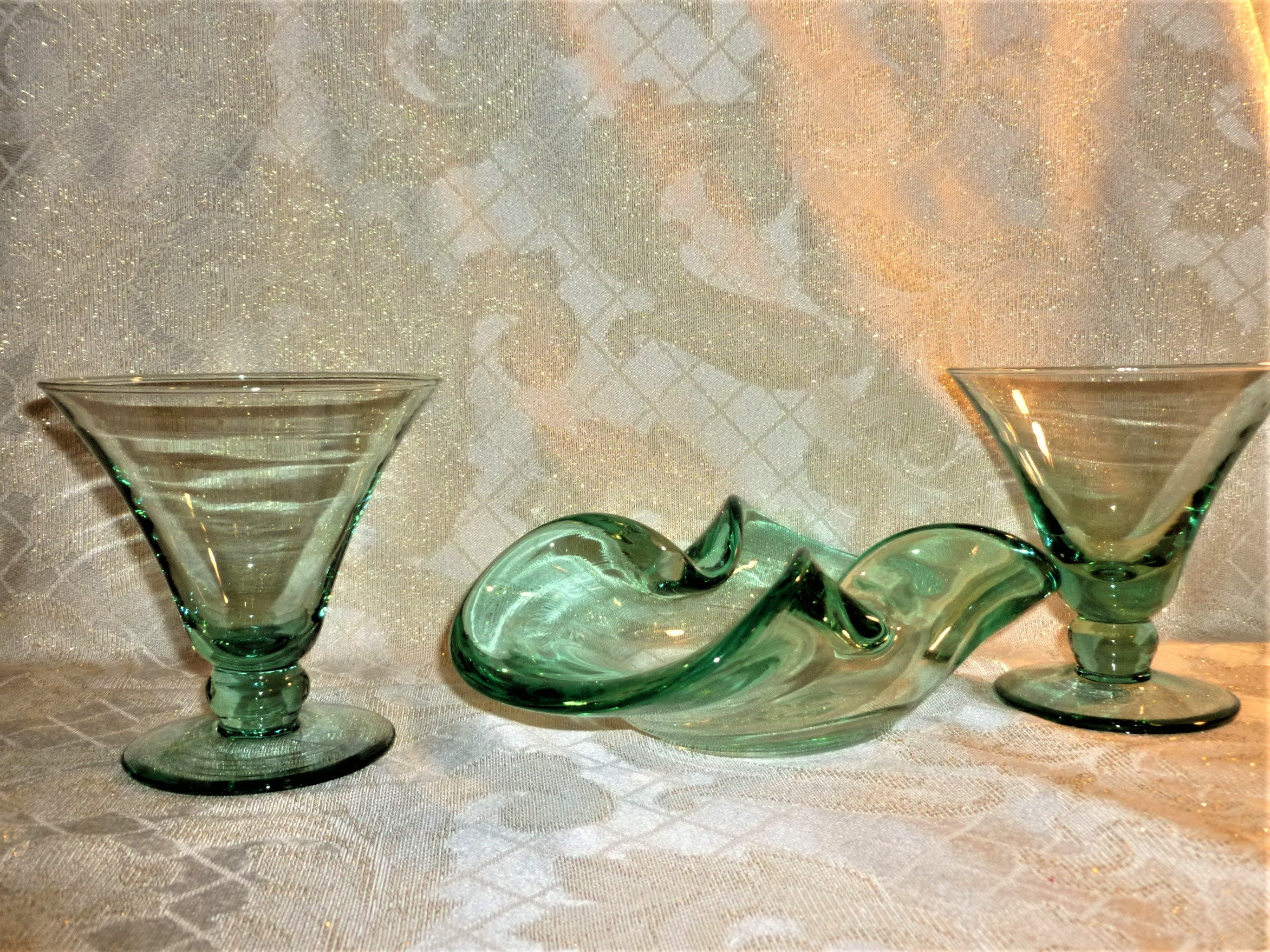 Vintage Hand Made Light Green Glass Martini Glasses With Matching Ash