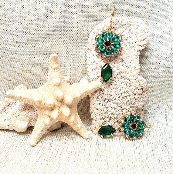 Handcrafted Earrings Teal Green Glass Floral Accents Elegant Detail Gold Plated French Ear Wires For Comfort Always FREE Domestic SHIPPING
