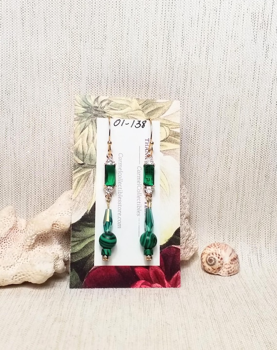Earrings By Carmel Collectibles Handcrafted Natural Malachite Stones With Pretty Green Czech Crystals Always FREE Domestic SHIPPING