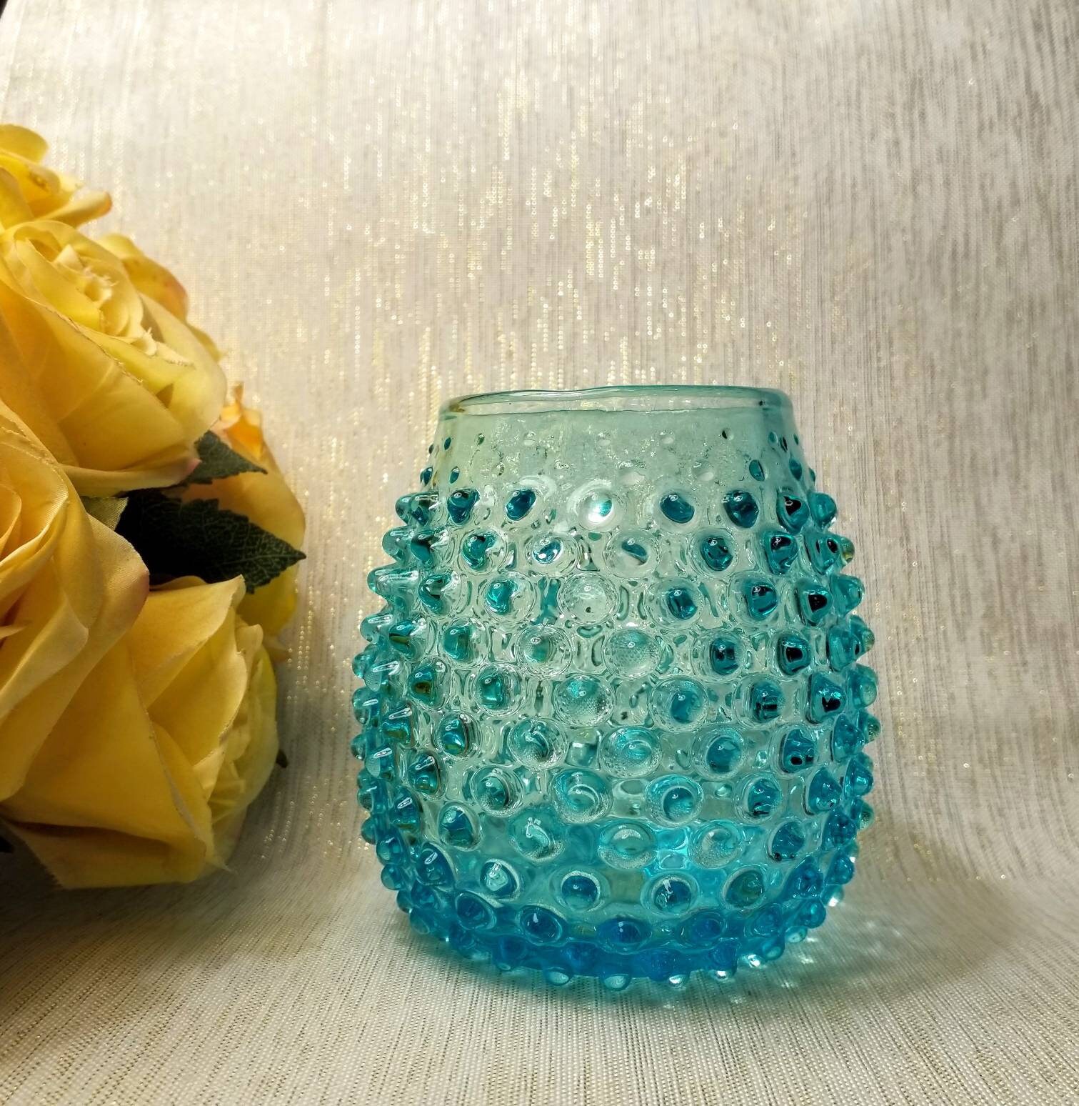 Hobnail Design Handcrafted Vintage Rose Bud Vase Beautiful Teal Blue