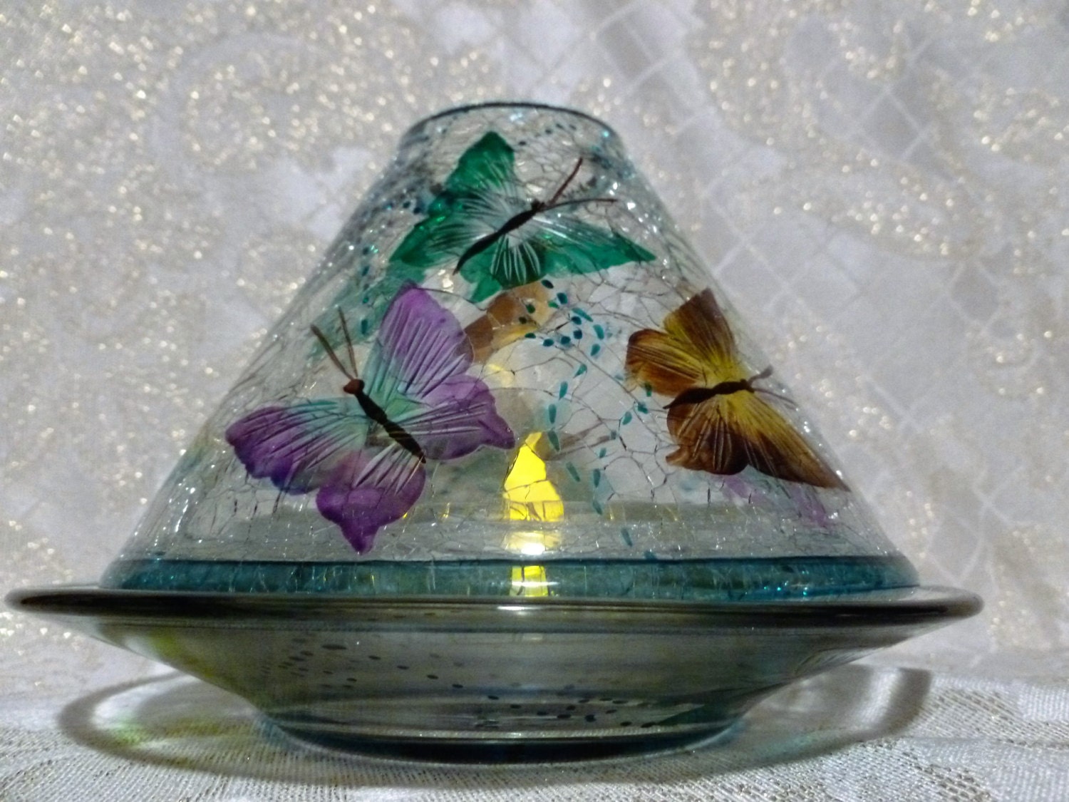 Crackle Glass Butterfly Candle Holder Beautiful Design Colorful