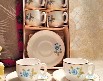 Vintage Loucarte Blue Flower Small Cup And Saucer Set 12 Pieces Original Box Fine Clay Craftmanship Portugal Always FREE Domestic SHIPPING