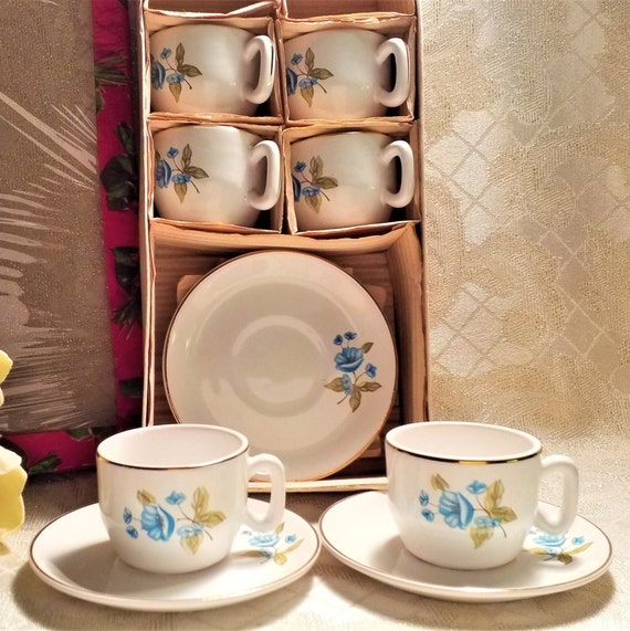 Vintage Loucarte Blue Flower Small Cup And Saucer Set 12 Pieces Original Box Fine Clay Craftmanship Portugal Always FREE Domestic SHIPPING