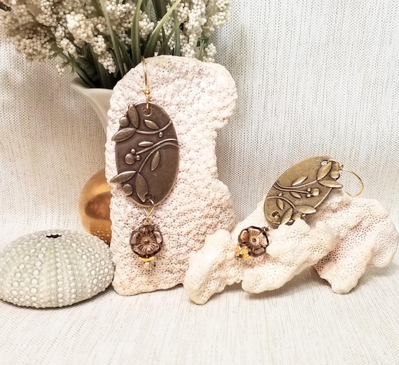 Earrings Handcrafted By Carmelcollectibles.com Elegant Bronze Floral Ovals With Delicate Czech Flowers Always FREE Domestic SHIPPING