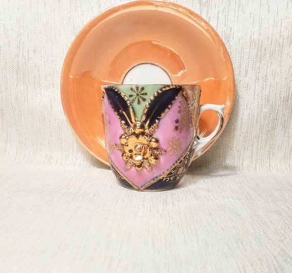 Lusterware Golden Demitasse Cup And Saucer Vintage Fine Bone China Elaborate Gold Floral Intricate Design  Always FREE Domestic SHIPPING