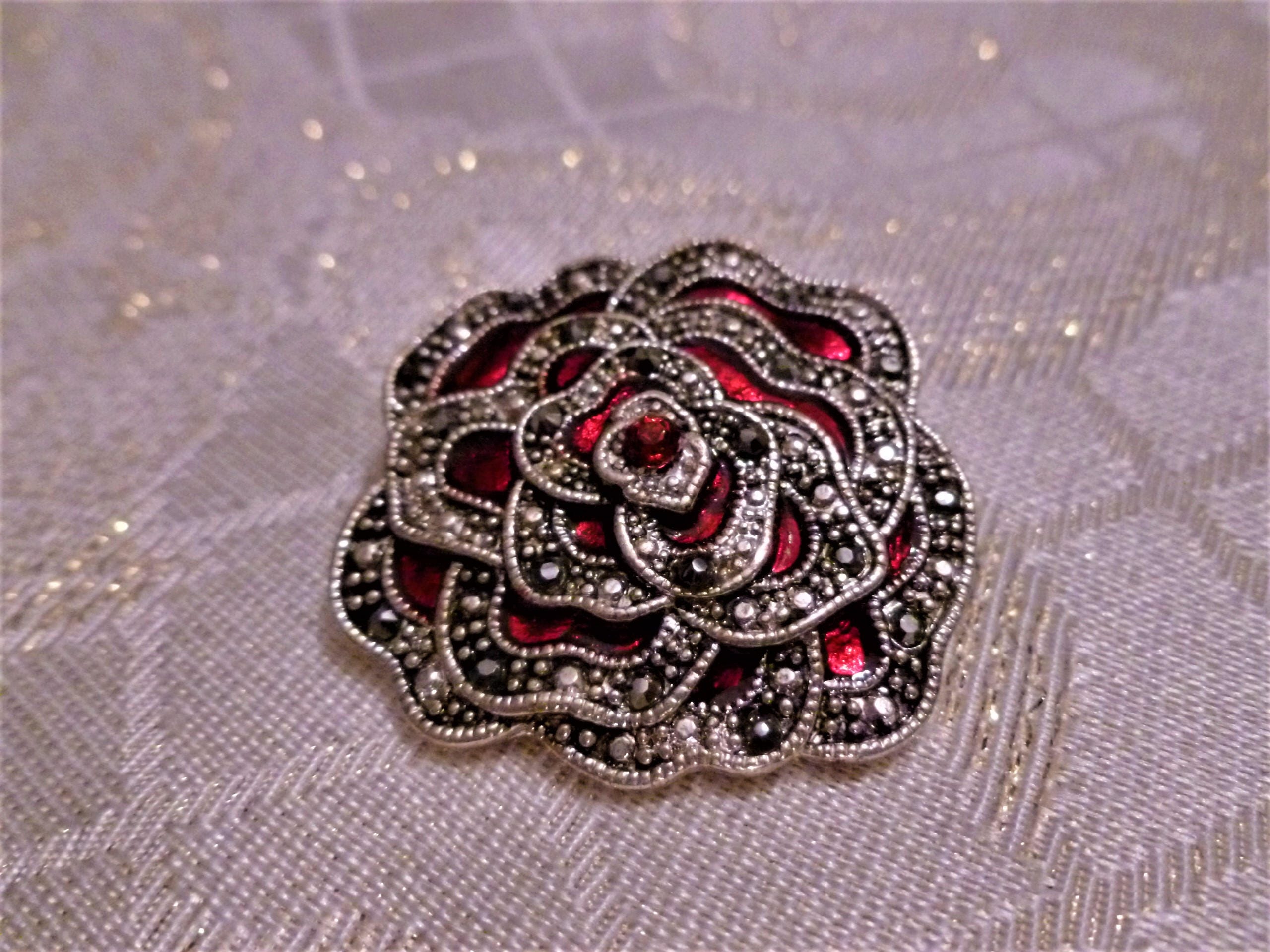 Beautiful Brooch Bright Red Intricate Enameled Floral Design Marcasite