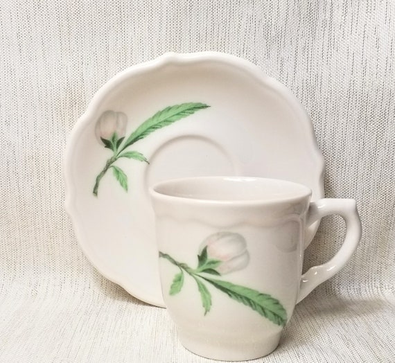 Syracuse China USA Demitasse Cup And Saucer Restaurant Ware Simple Elegant Flower Bud Design Green Foliage Always FREE Domestic Shipping