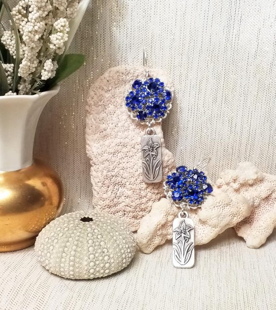 Earrings Handcrafted In A Exceptional Design By Carmelcollectibles.com Lovely Royal Blue Rhinestones With Floral Detail FREE SHIPPING