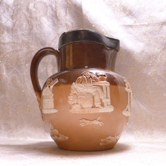 Royal Doulton Lambeth England Two Toned Pitcher With White Relief Hunt Scene Pattern Pewter Hinged Lid With Finial FREE Domestic SHIPPING