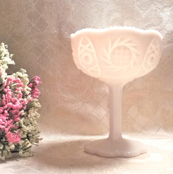 Milk Glass Compote Vintage With An Exceptional Detail Of Cut Designs Sawtooth Edge Ideal Elegant Wedding Gift Always FREE Domestic SHIPPING