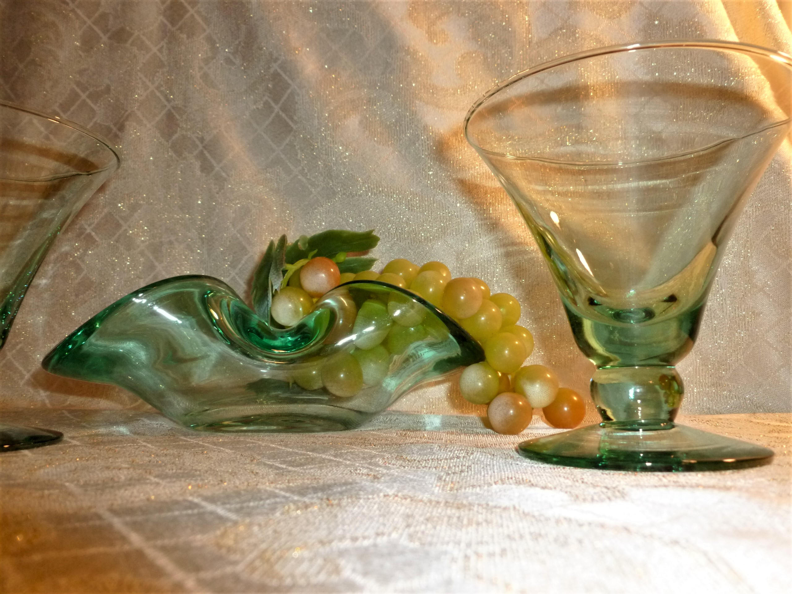 Vintage Hand Made Light Green Glass Martini Glasses With Matching Ash Tray Or Candy Dish Unique
