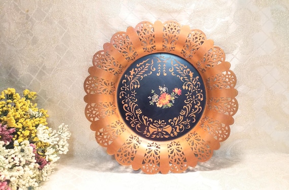 Elegant Decorative Metal Plate With Floral Detail And Filigree Design Edge Very Pretty 10 Inches Wide Always FREE Domestic SHIPPING