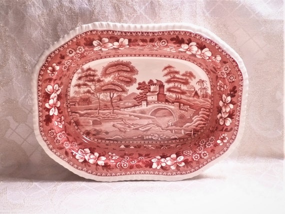 Spodes Tower Country Design Vintage Transferware Red Hallmark  Dishware Red And White Rectangle Serving Bowl Always FREE Domestic SHIPPING