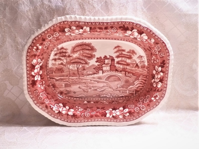 Spodes Tower Country Design Vintage Transferware Red Hallmark Dishware Red And White Rectangle Serving Bowl Always FREE Domestic SHIPPING image 1