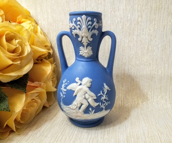 Beautiful Vintage Jasperware Blue Bud Vase White Silhouette Detailed Design Excellent Gift Made In Germany Always FREE Domestic SHIPPING