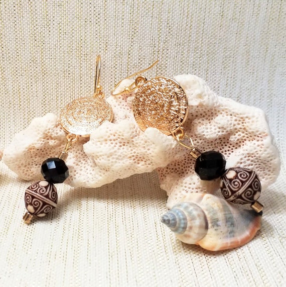Artisan Earrings Gold Plated Greek Mandalas With Black Crystals And Design Styled Beads Pierced Or Clip On Always FREE Domestic SHIPPING