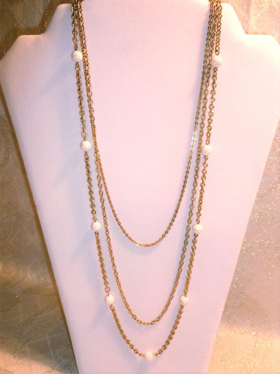Vintage Napier Necklace Elegant Gold Tone Three Strand With White Beads Exceptional Accessory Always FREE Domestic SHIPPING