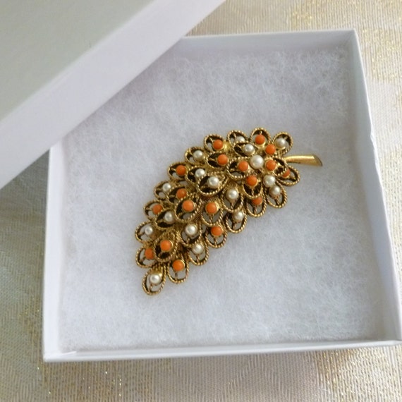 Vintage Large Brooch With Mini Pearl And Coral St… - image 1