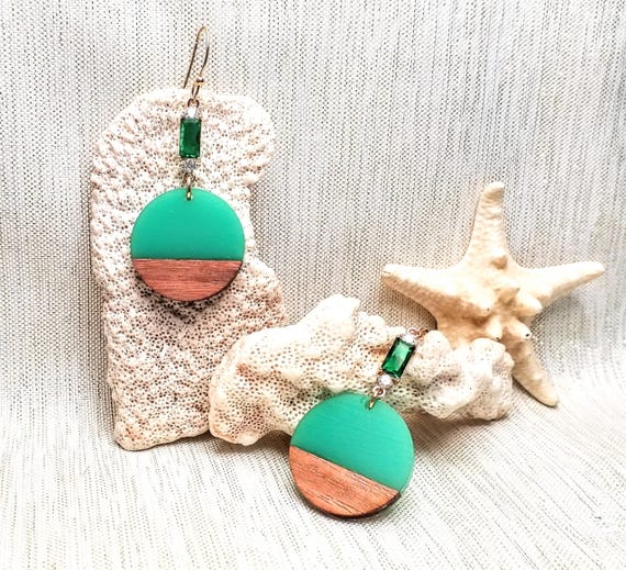Earrings Handcrafted By Carmel Collectibles Beautiful Teal Green Acrylic With Wood And Crystals Always Free Domestic SHIPPING