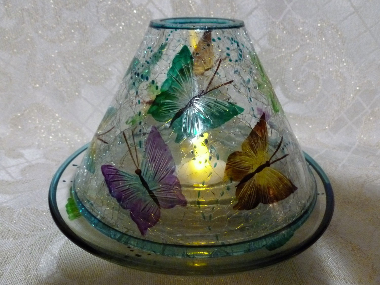 Crackle Glass Butterfly Candle Holder Beautiful Design Colorful Includes Two Battery Tea Lights