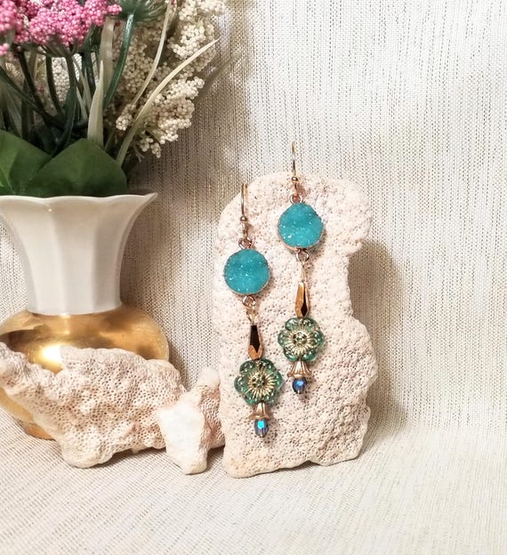 Earrings Handcrafted With Faux Druzzy Detail Pretty Czech Floral Golden Bugal Beads Bulk Orders Welcome Always FREE Domestic SHIPPING