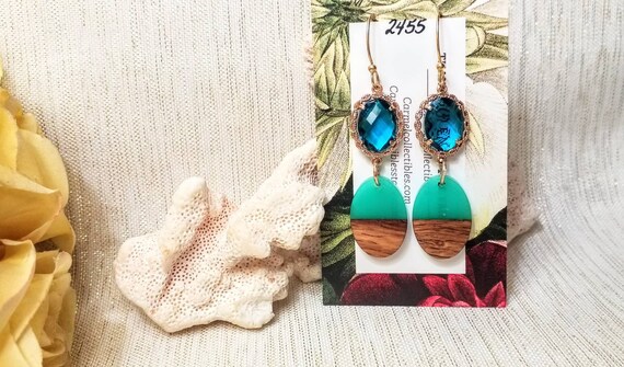 Handcrafted Earrings Beautiful Artisan Style And Design Gorgeous Teal Rhinestones With Natural Wood Charms Always FREE Domestic SHIPPING