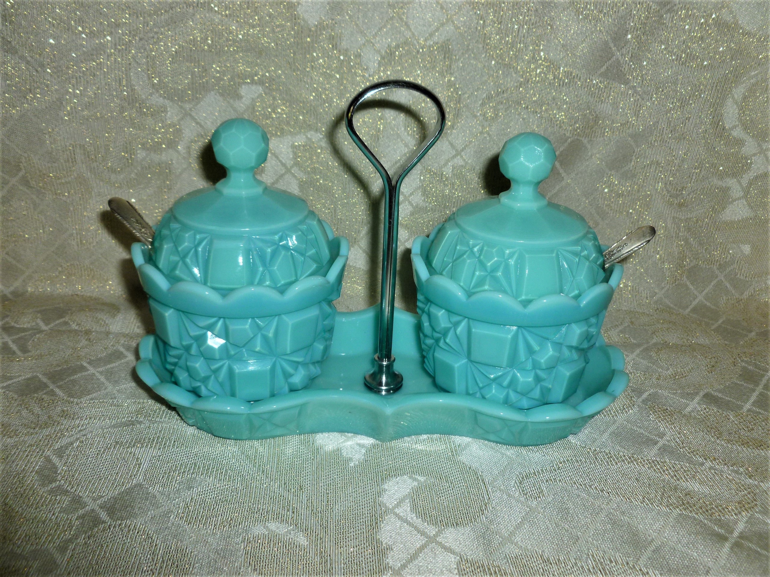 Westmoreland Teal Milk Glass Relish Or Condiment Set Caddy Tray With