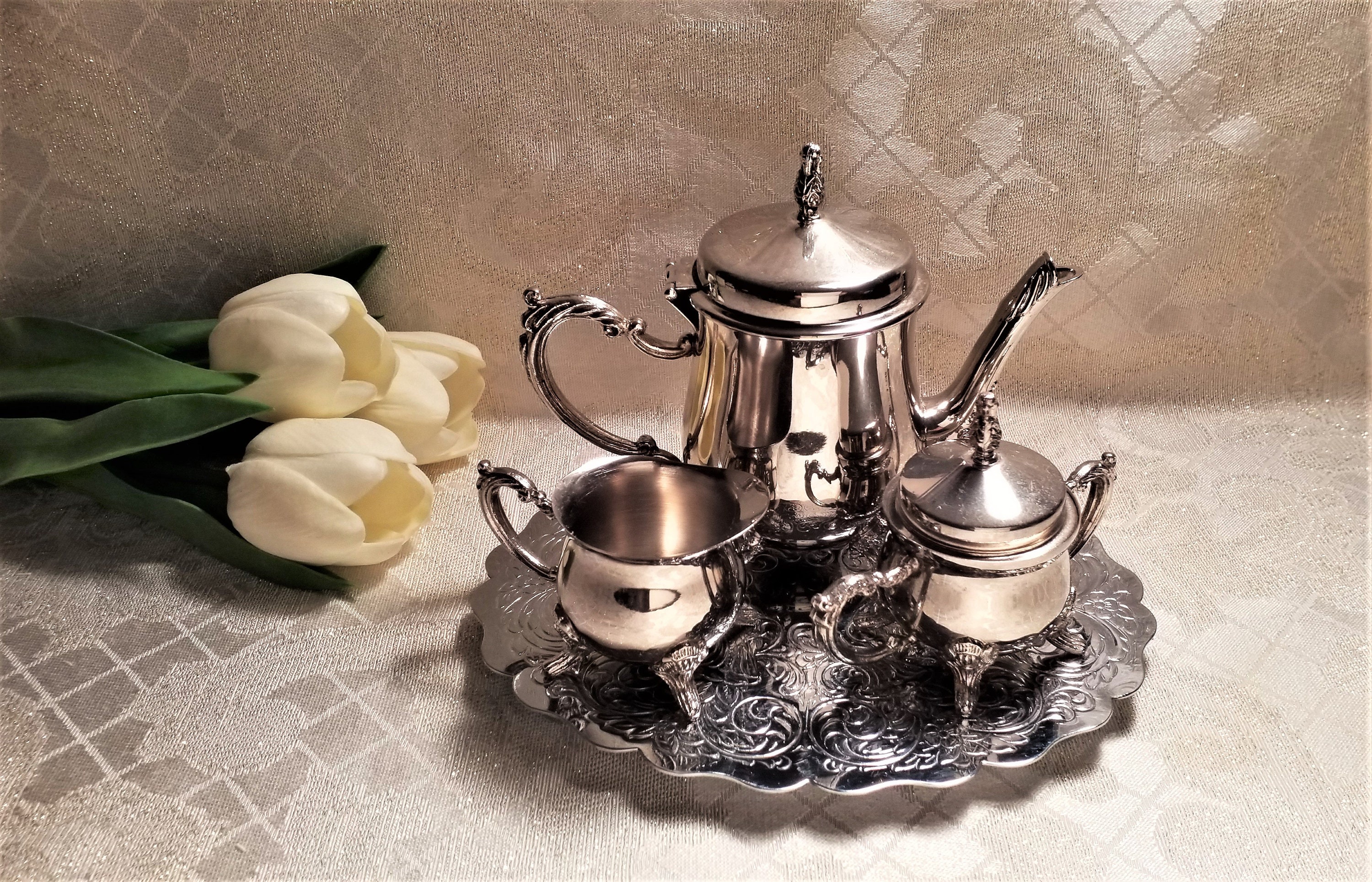 Vintage Silverplate Single Serve Tea Set With Trivet Single Cup Or Childs Set Elegant Style