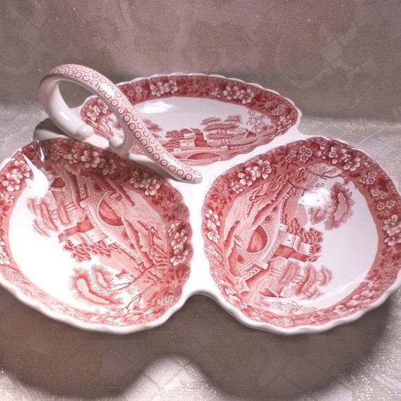 Copeland 1920s Spode's Tower Red And White Made In England Beautiful 3 Compartment Serving Dish With Handle Always FREE Domestic SHIPPING