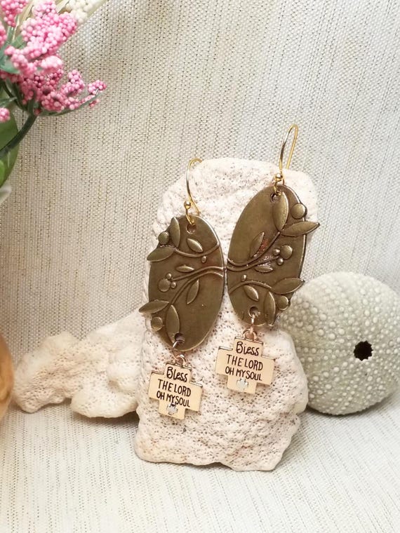 Handcrafted Brass Floral Oval Earrings, Bless The Lord Charm Always FREE Domestic SHIPPING