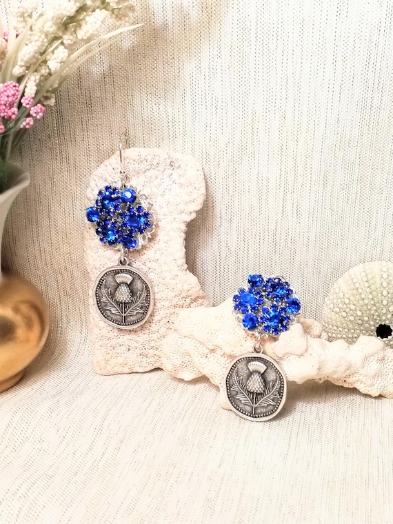 Earrings Handcrafted Beautiful Elegant Scottish Thistle Style With Royal Blue Rhinestones Always FREE Domestic SHIPPING