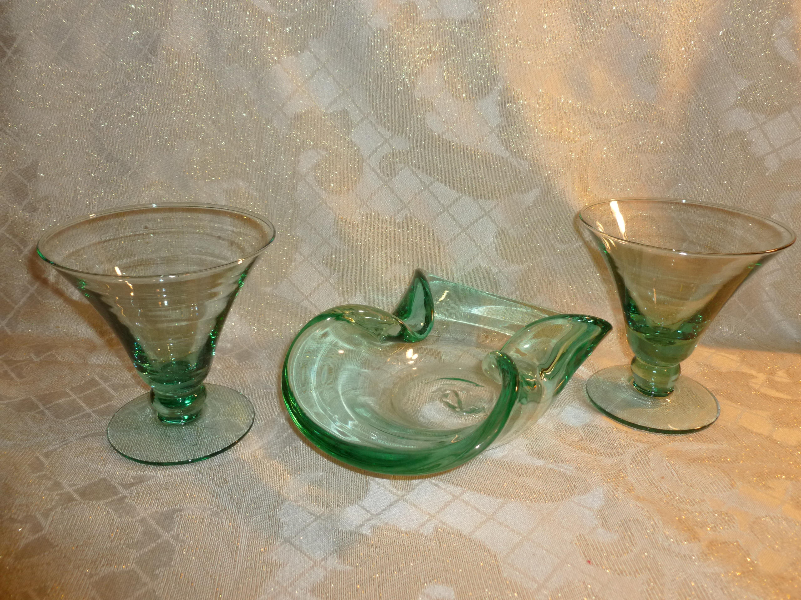Vintage Hand Made Light Green Glass Martini Glasses With Matching Ash Tray Or Candy Dish Unique